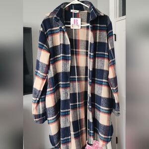 Plaid Open Front Shacket - Navy & Cream Plaid